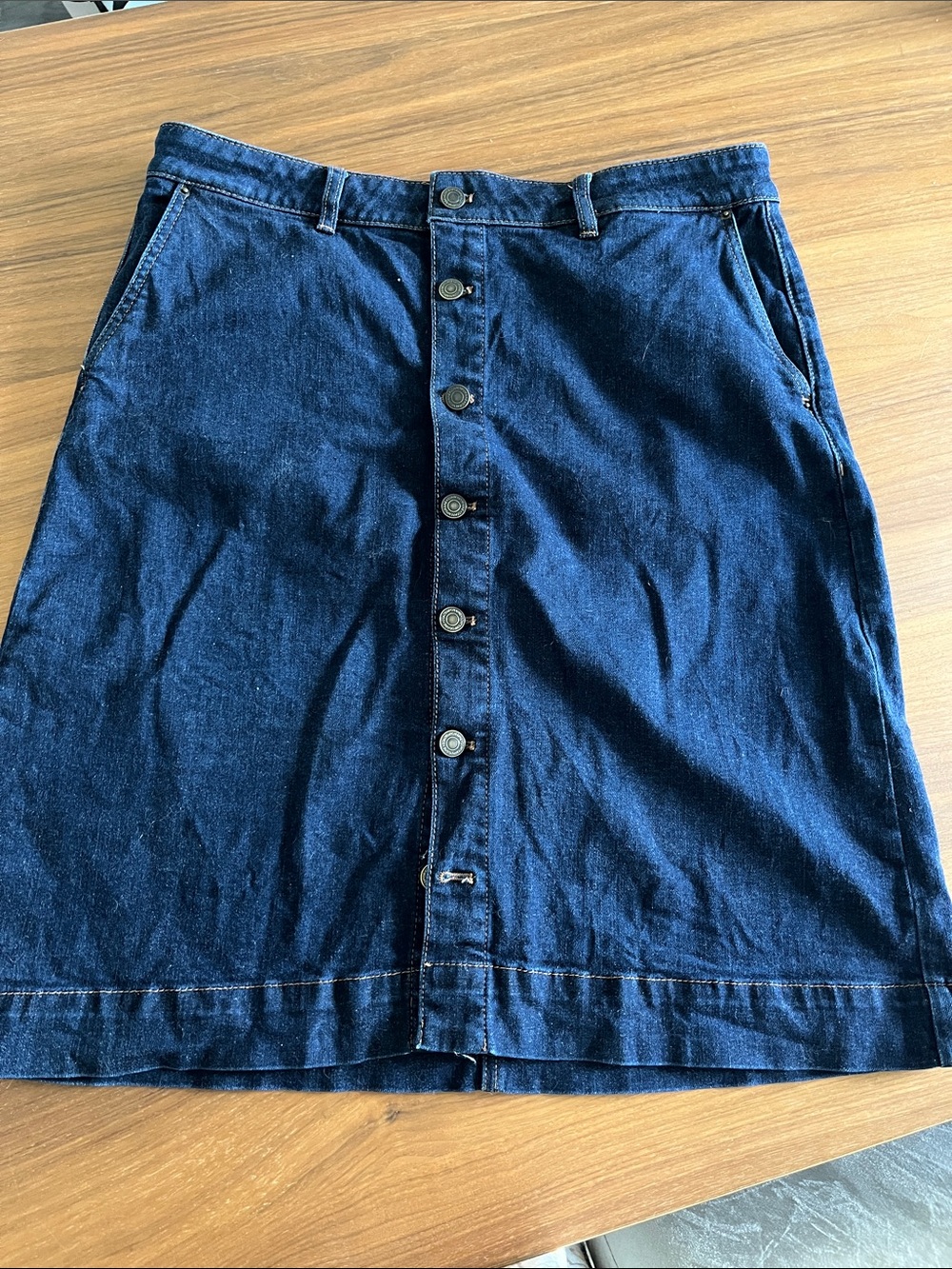 Button-Front Dark Blue Denim Midi Skirt - Women